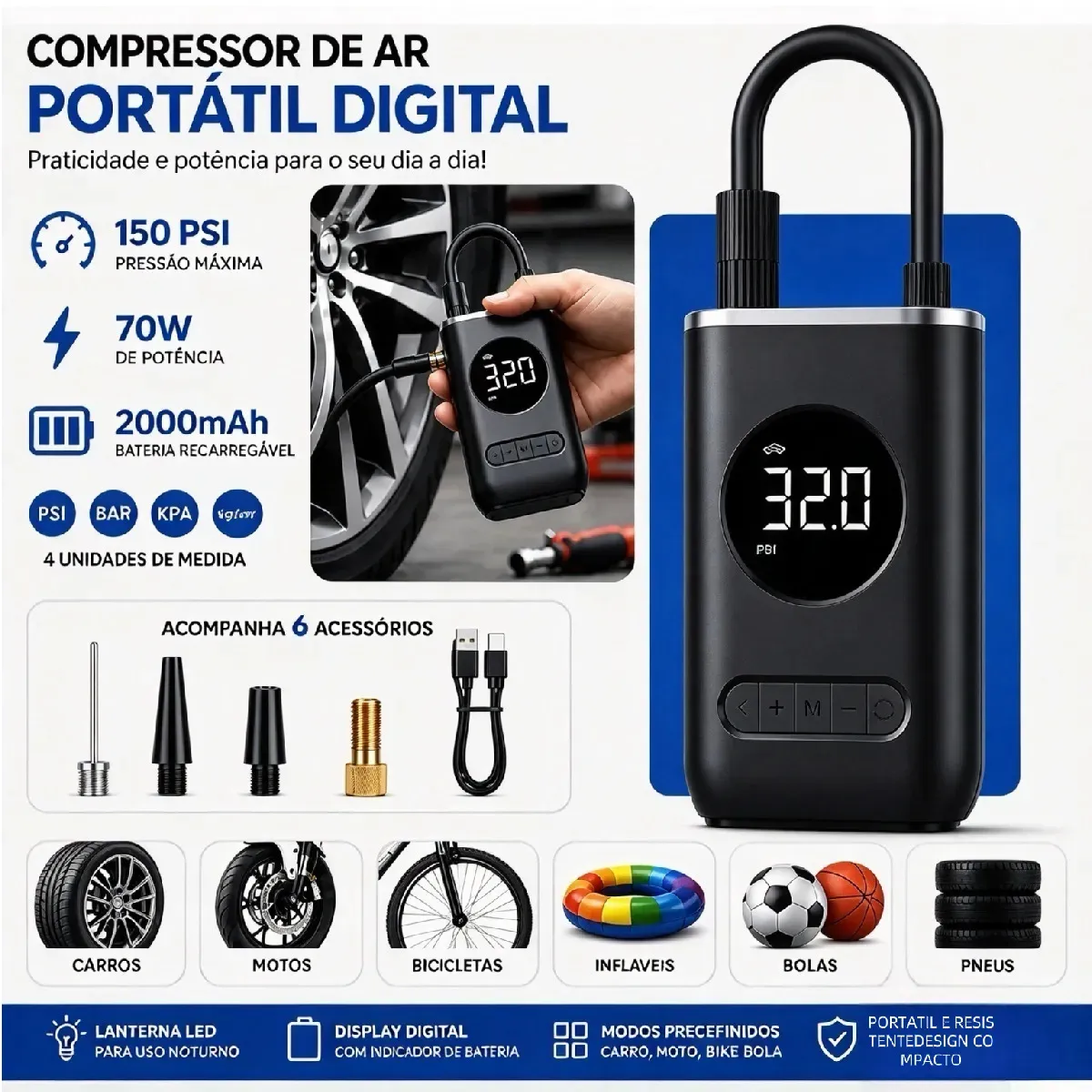 Mini Compressor de Ar Portátil Digital Sem Fio para Pneus e Infláveis — imagem 3
