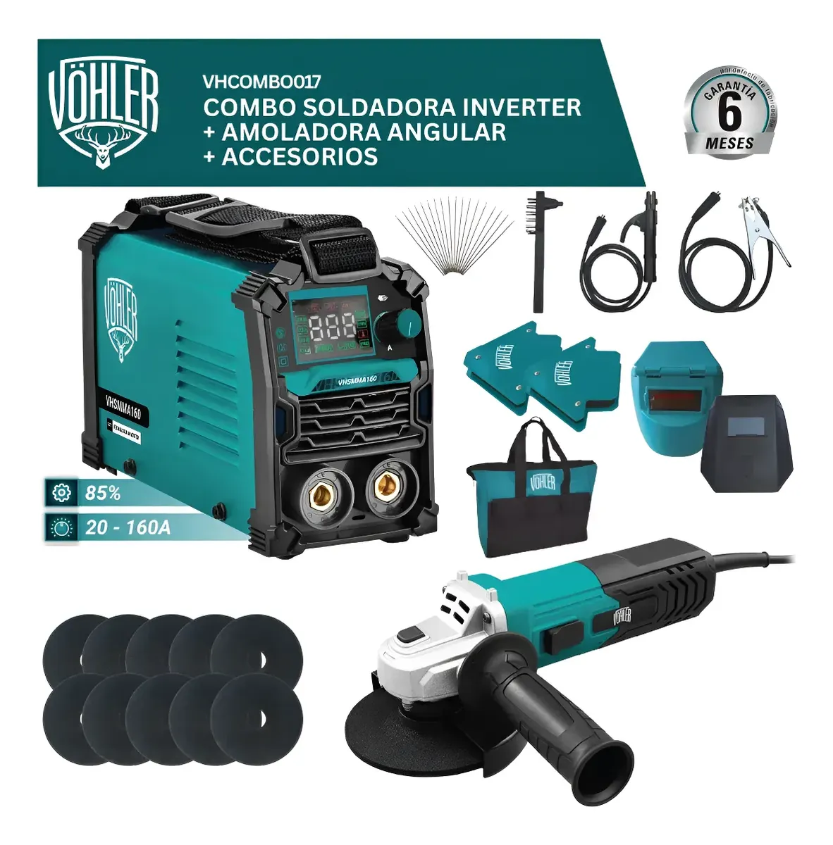Combo Soldadora Inverter 160a + Amoladora Angular 800w + Acc Azul Petróleo