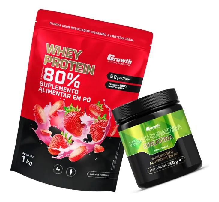 Kit Growth: Whey Protein Concentrado Morango 1kg + Creatina Monohidratada Sem Sabor 250g