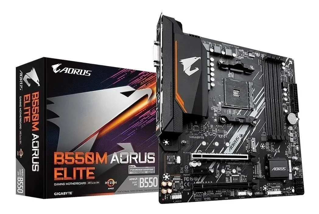 Uma placa-mãe Micro-ATX com chipset B550, mostrando os slots de RAM e o slot PCIe