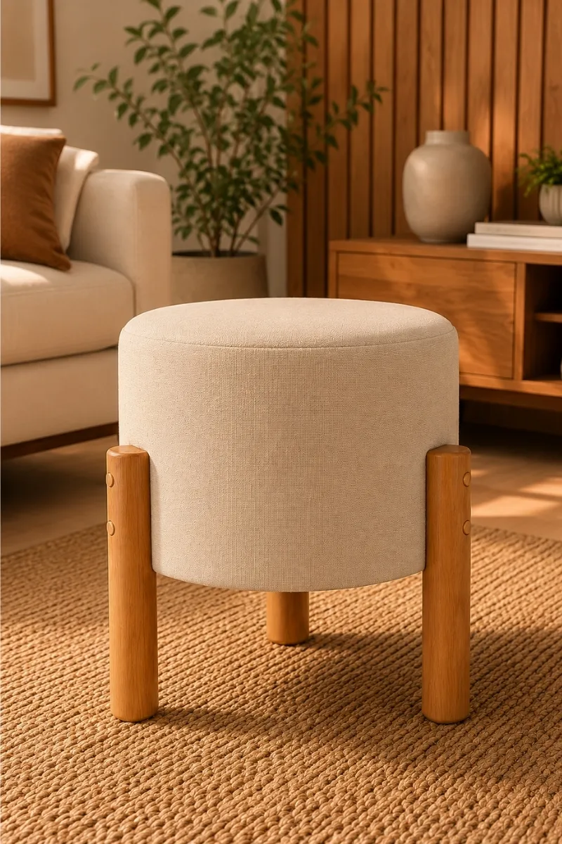 Puff Banqueta Decorativa Linho Pés Madeira Envio Imediato