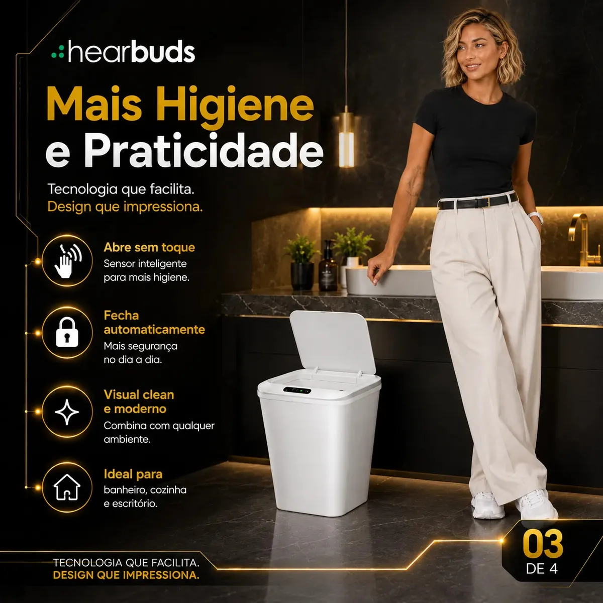 Lixeira Inteligente Automática Branca Universal Com Sensor Hearbuds Recarregável Anti Odor 16L