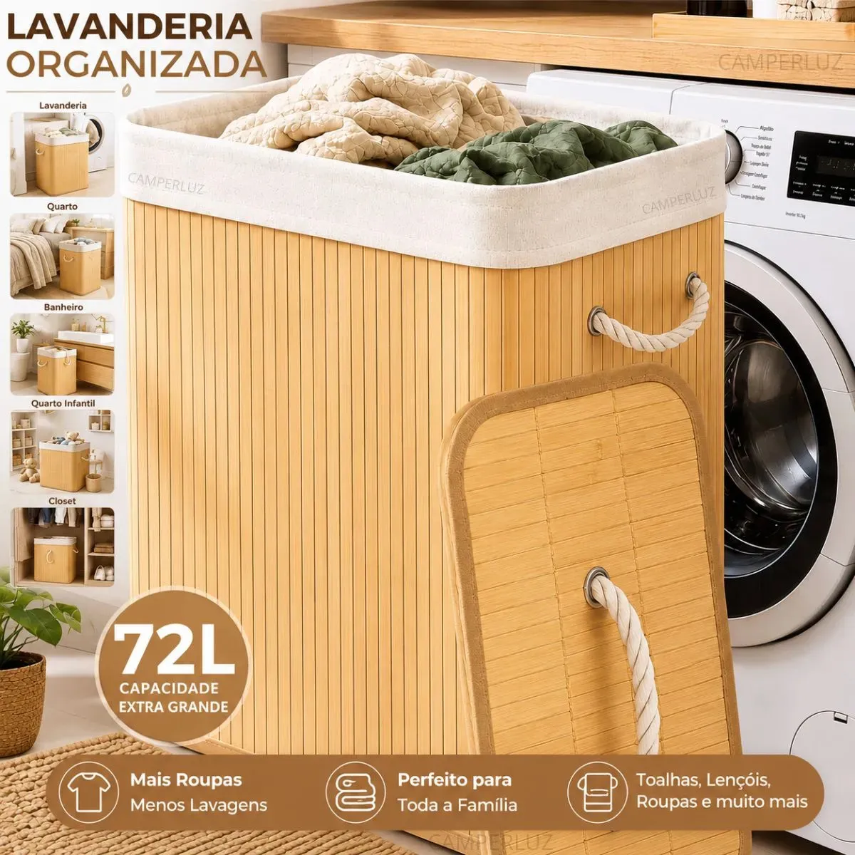 Cesto Organizador De Roupa Bambu Dobrável Retangular Com Tampa Forro e Alças 72 Litros Grande Capacidade Reforçado Caixa Organizadora para Brinquedos - Marca Camperluz