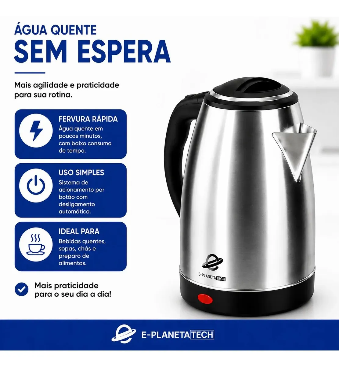Chaleira Elétrica De Aço Inox PlanetaTech 1200w 1,8 Litros com Desligamento Automático e Base Giratória na cor prateado — imagem 2