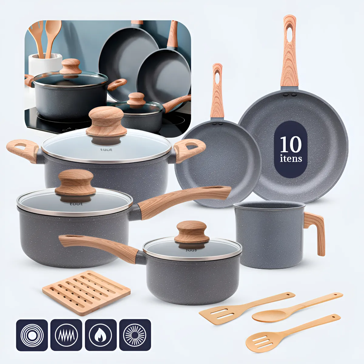 Jogo De Panelas Induçao Antiaderente Cerâmica 10 Peças Ppg Pfoa Free Grafite