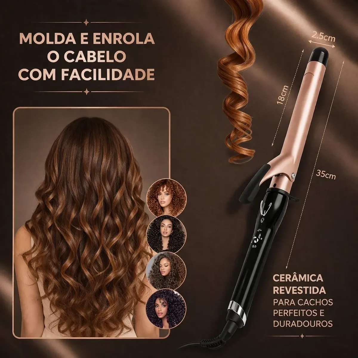 Imagem de uma mulher com cabelos cacheados e o modelador de cachos rose gold e preto, exibindo suas dimensões (35cm total, 18cm barril, 2.5cm diâmetro) e exemplos de tipos de cachos.