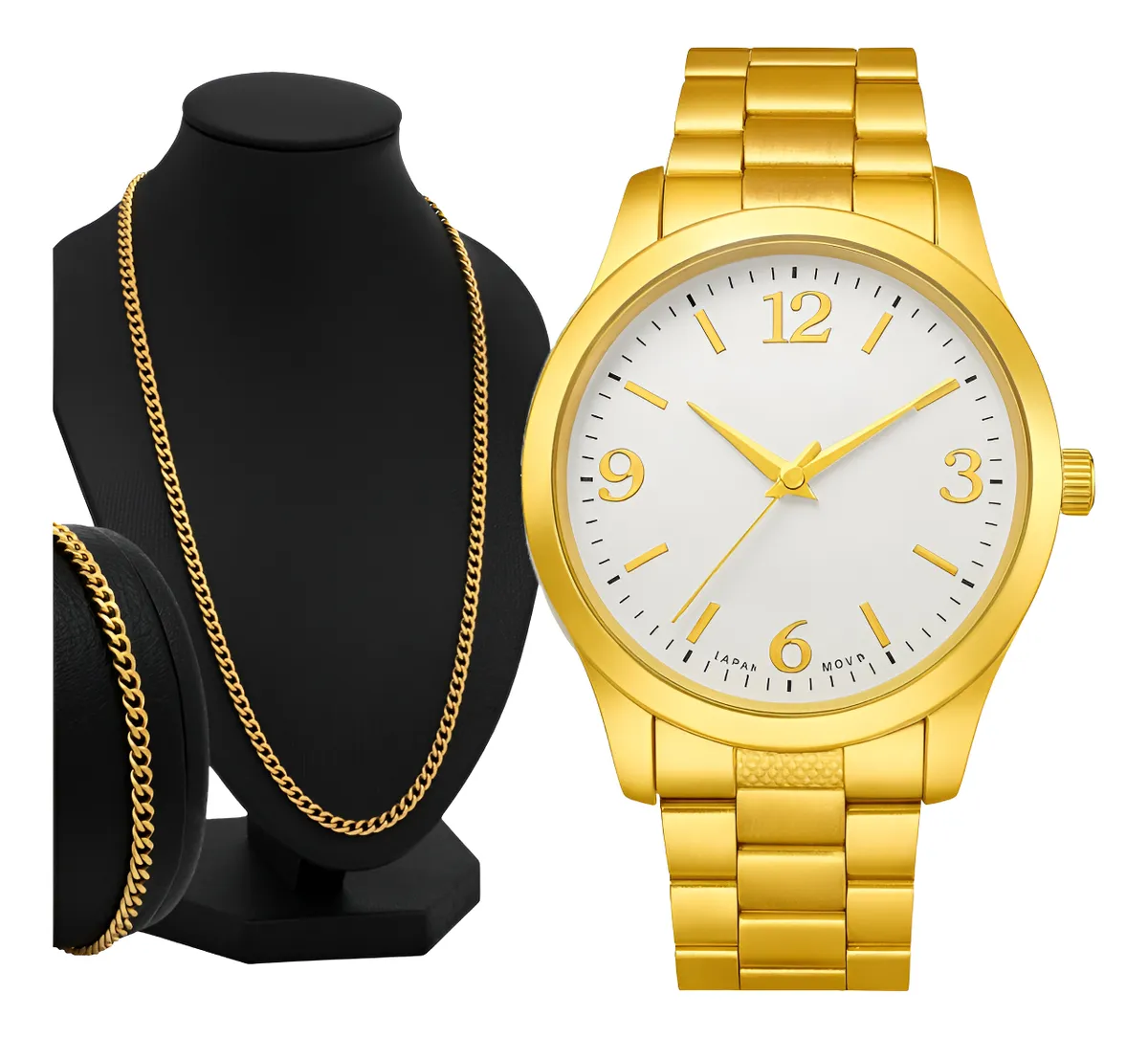 Kit Relógio Masculino De Pulso Prata + Cordão Pulseira Luxo Dourado