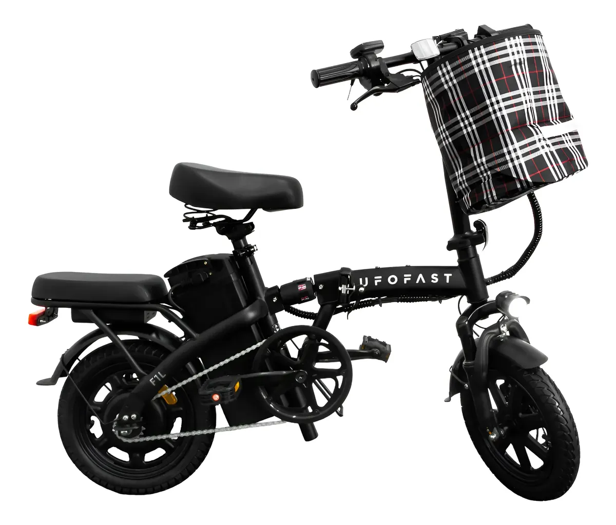 Bicicleta elétrica dobrável UFOFAST MBE-F1L preta, com cesto frontal de estampa xadrez e assento duplo, sobre fundo branco.
