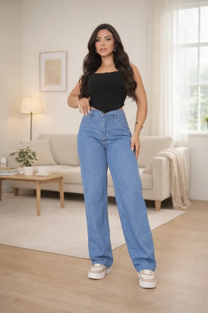 Calça Jeans Wide Leg Feminina Cintura Alta Sem Lycra Stillge