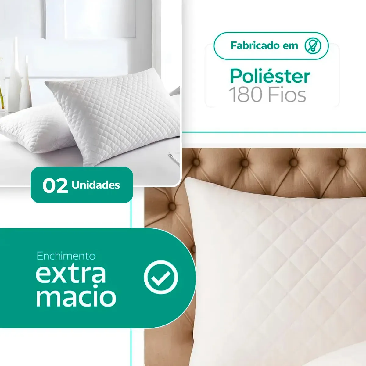 Imagem dividida mostrando os travesseiros e informações sobre 'Fabricado em Poliéster 180 Fios' e '02 Unidades'