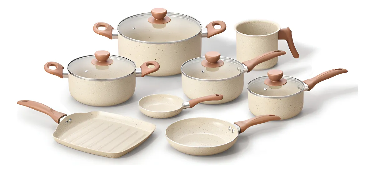 Jogo Com 8 Panelas Antiaderentes De Ceramica Bege - Oikos