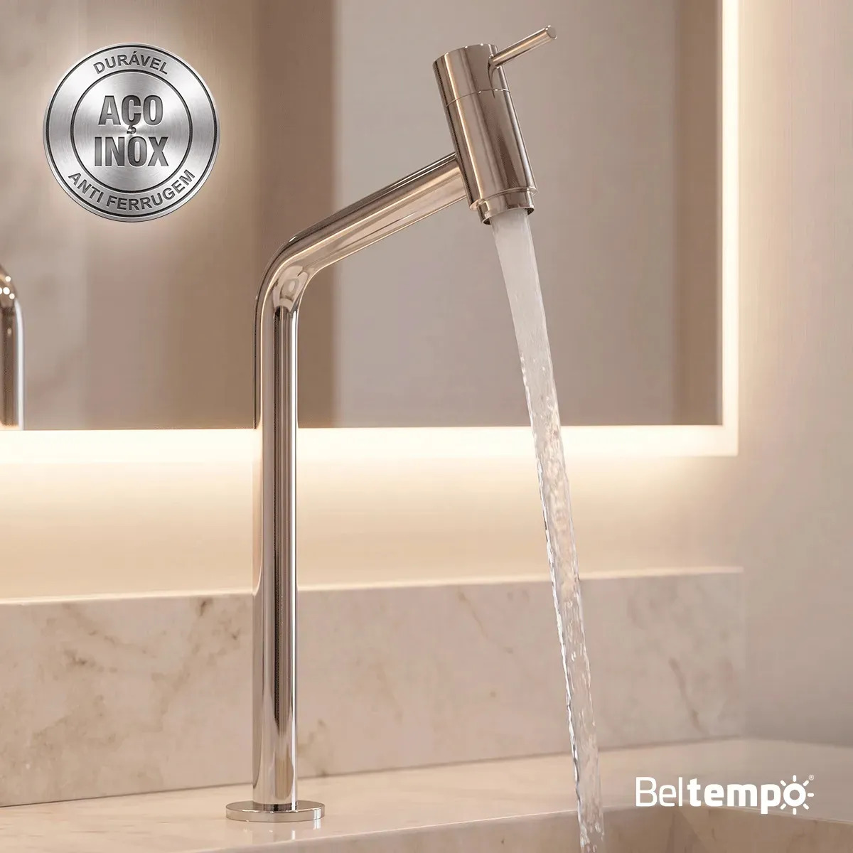 Torneira Banheiro Lavabo Bica Alta Bancada Inox Cromada Link 45° Beltempo Torneira Banheiro Lavabo Bica Alta Bancada Inox Cromada Link 45° Beltempo