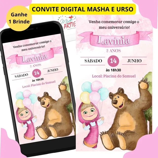 Convite Digital  - Masha E O Urso + Brinde