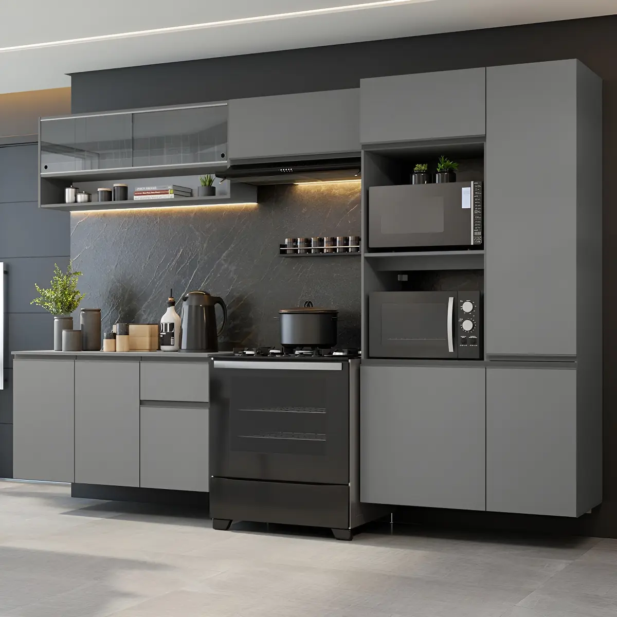 Armário Cozinha Completa Modulada Suspensa com Balcão para Cooktop 300cm Cinza Nice Madesa GRNC3000073B