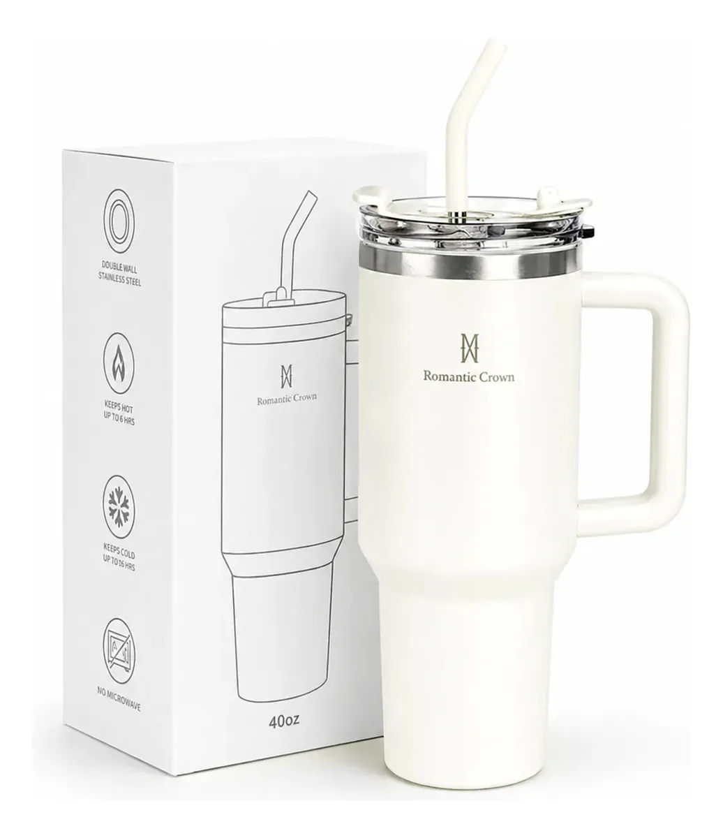 Copo Térmico Gigante 1,2l Inox Com Tampa E Inox Canudo Cor Branco Cor Pura / Material Fosco