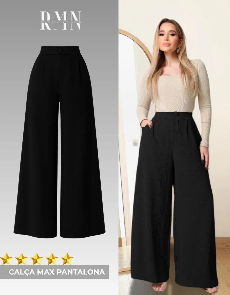 Calça Pantalona Wide Leg Elegante Casual Dia A Dia