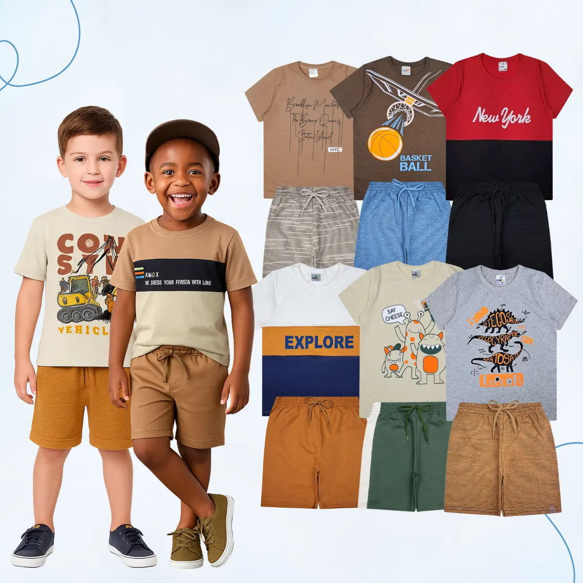 Kit 6 Peças de Verão Menino — 3 Camisetas + 3 Bermudas