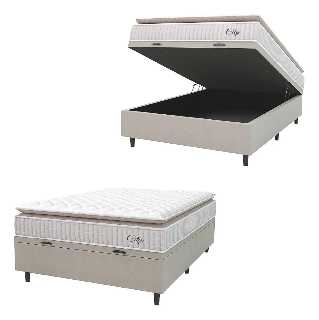 Cama Box Baú Colchão Casal Molas Ensacadas City Pillow Top 138x188x64cm Branco e Bege Hellen