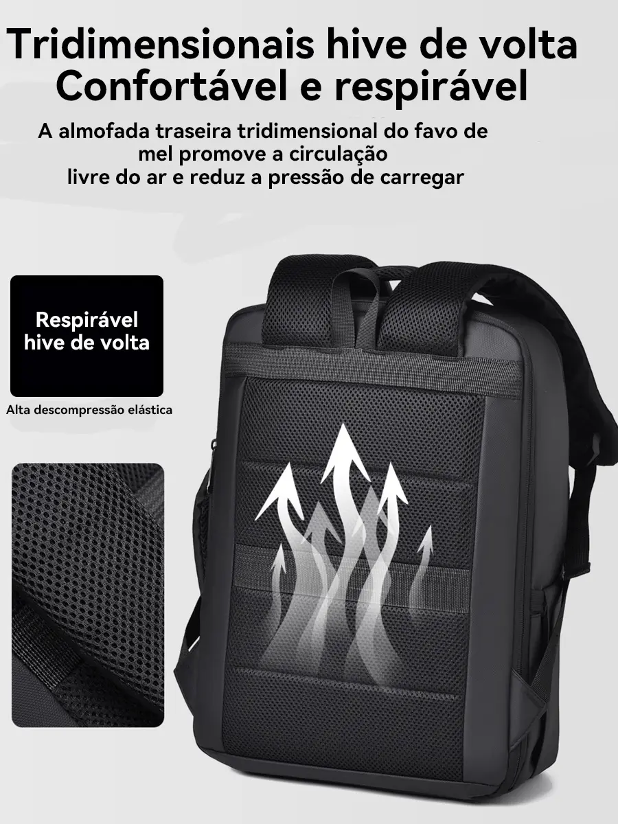 Detalhe do encosto da mochila com tecnologia de ventilação em colmeia