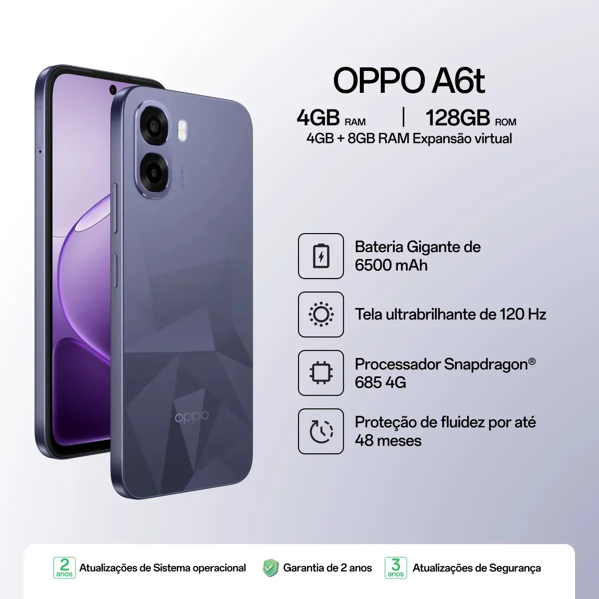 Smartphone Oppo A6t em ângulo lateral com ícones destacando especificações de bateria, tela, processador e durabilidade