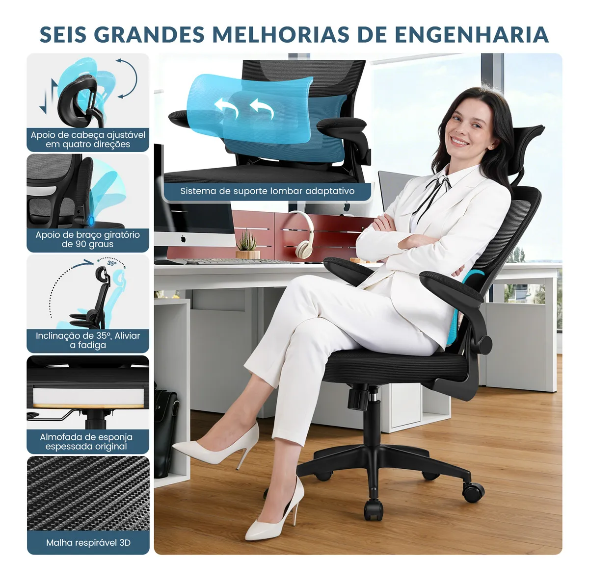 Cadeira De Escritório Confortavel Ergonômica Giratoria C600 Fivdaily Preta E Apoio De Cabeça Com Suporte Lombar Estofado De Mesh Almofada De Assento De Espuma Nova Latex Espessa Totalmente Rodinhas - Imagem 7
