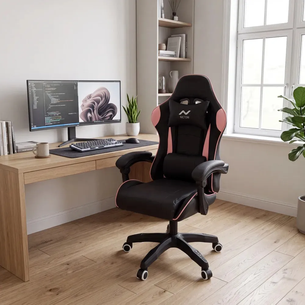 Silla de escritorio Nictom sg01 gamer ergonómica rosa con tapizado de cuero sintético