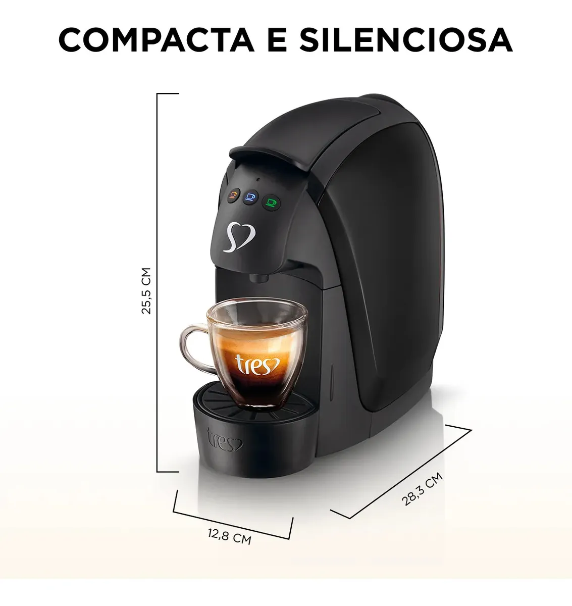 Cafeteira Espresso Três Corações Luna preta com dimensões de 25.5 cm de altura, 12.8 cm de largura e 28.3 cm de profundidade.
