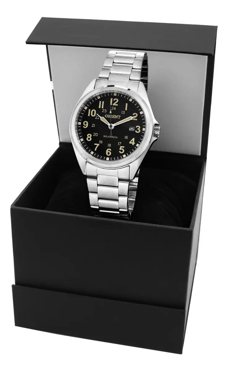 Relógio Orient Masculino SolarTech de Quartzo com Pulseira de Aço Prateado e Fundo Preto