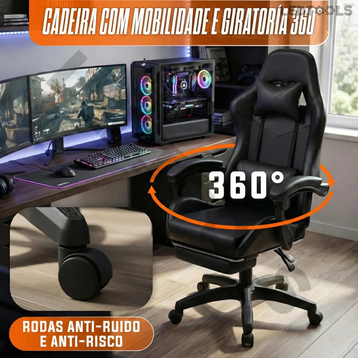 Cadeira Gamer Ergonômica Preta Reclinável Com Apoio Dos Pés Led Tools Couro Sintético Preto