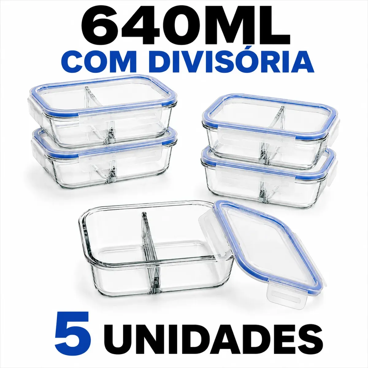 Conjunto 5 Potes Hermético Vidro 640ml C/ Divisória Marmita