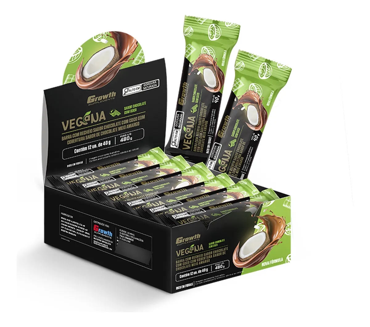 Barra De Proteína Vegana Caixa C 12 Unid. Growth Supplements Chocolate Com Coco