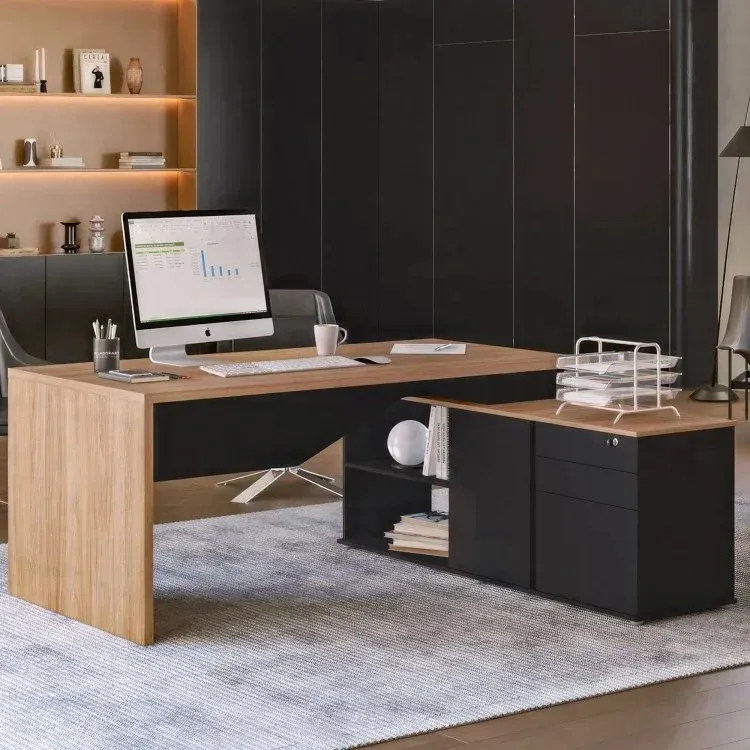 Mesa para escritório Diretor em L com 3 gavetas e 1 porta