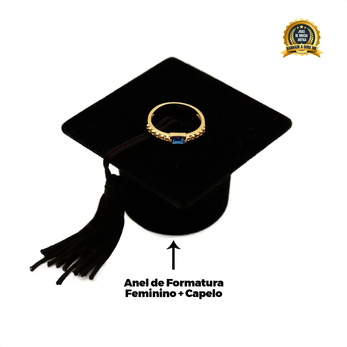 Anel De Formatura Feminino Banhado A Ouro 18k Line Cor Azul Tamanho 18 — foto 3