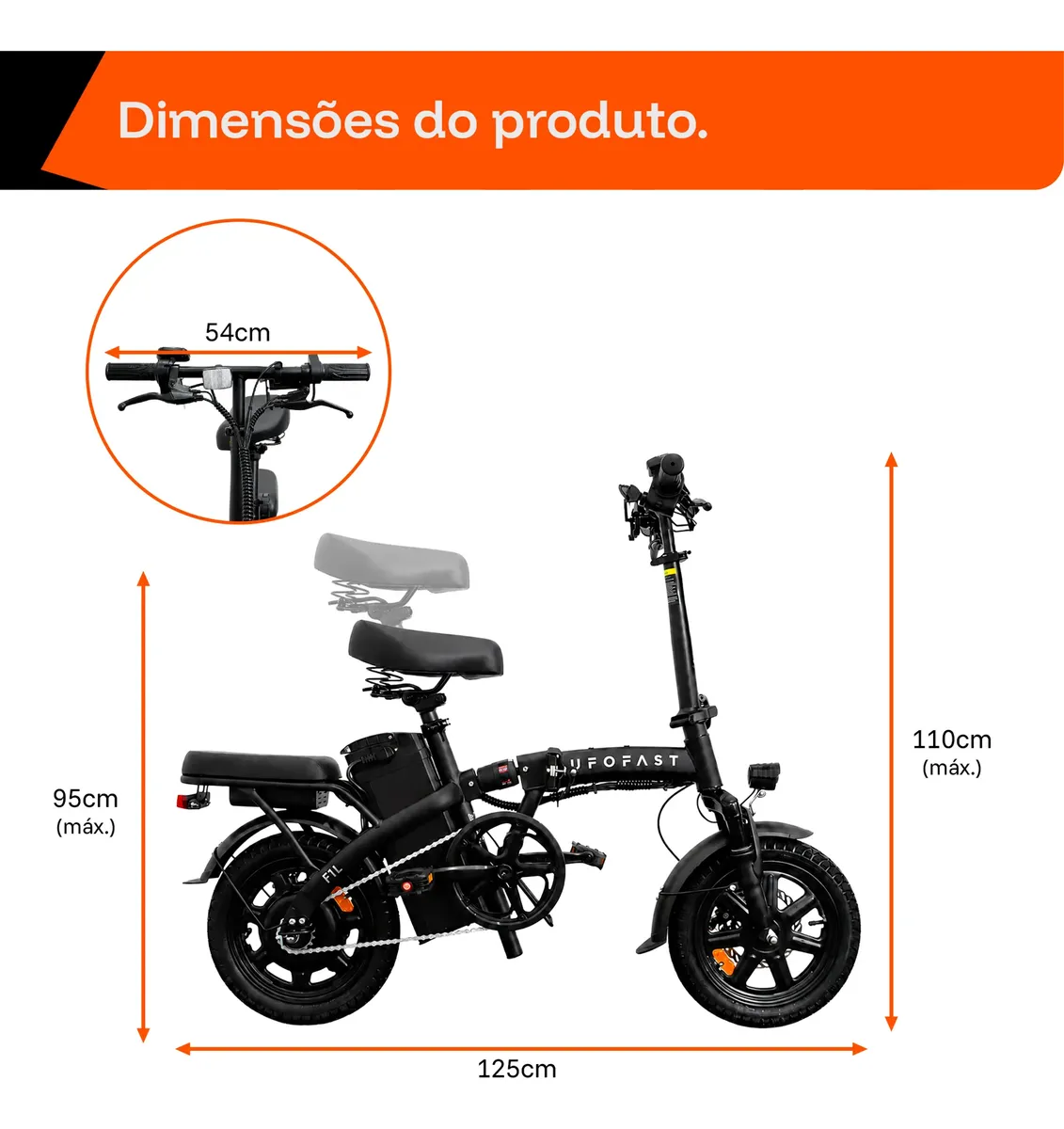 Diagrama da bicicleta elétrica UFOFAST MBE-F1L preta, destacando dimensões de 125cm de comprimento e 110cm de altura máxima, com detalhe do guidão de 54cm.