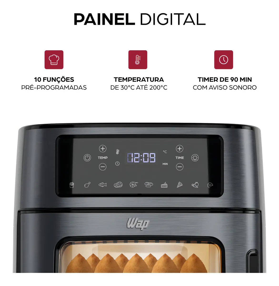 Painel digital da Air Fryer Wap destacando funções e controle de temperatura