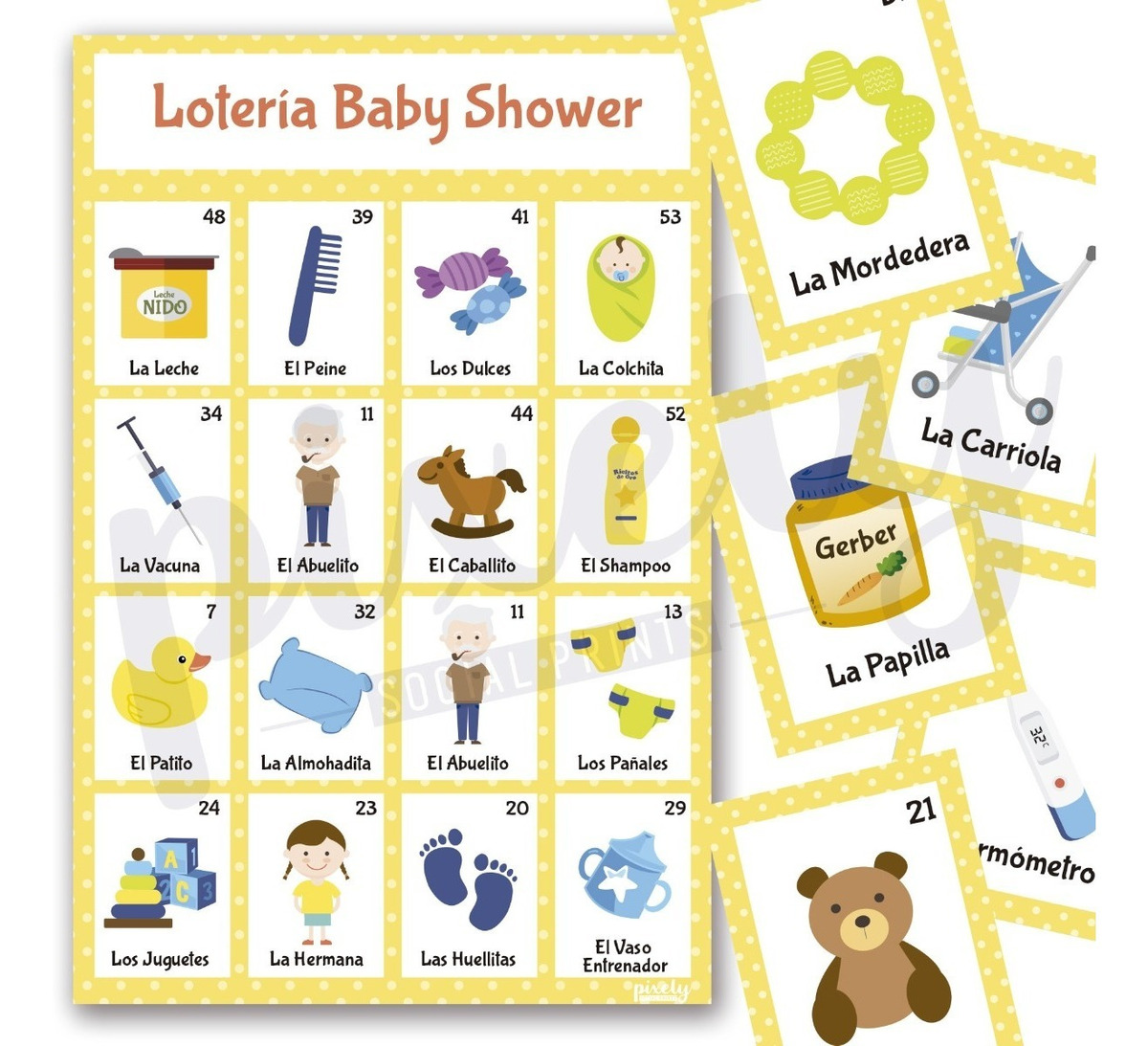Kit Imprimible Loteria Baby Shower Amarilla 70 Tablas Oferta Meses