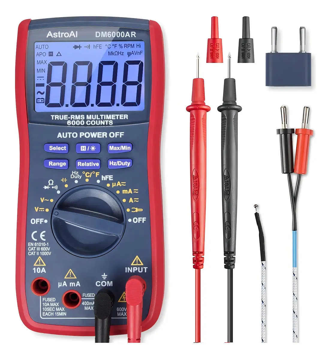 Multímetro profissional e analisador digital AstroAI capacimetro TRMS 6000 Voltímetro Ohmímetro Testador de alcance automático;mede com precisão tensão, corrente,resistência, diodos,continuidade