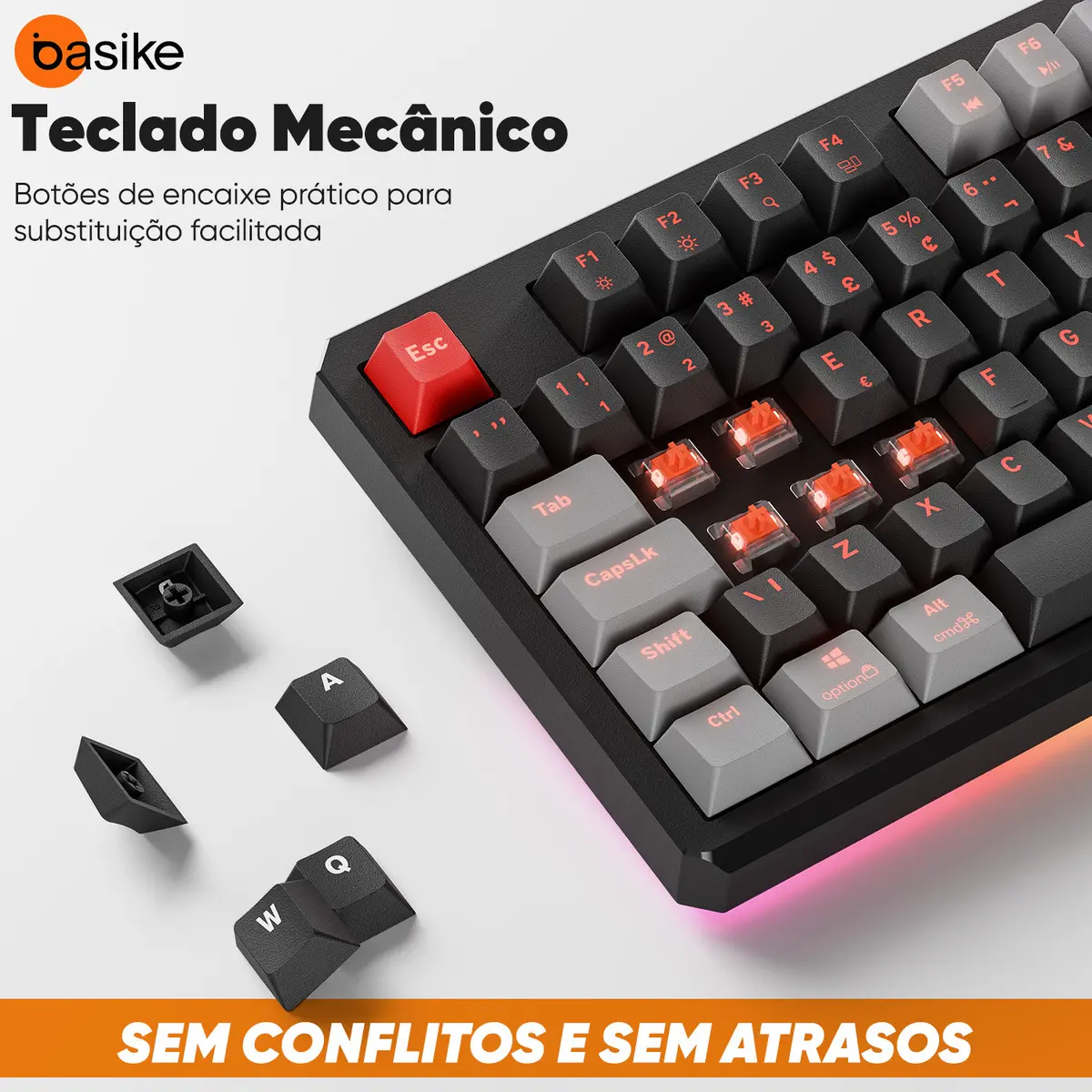 Teclado Mecânico Gamer Basike Sem Fio com Tela, RGB e Conexão Tri-Mode