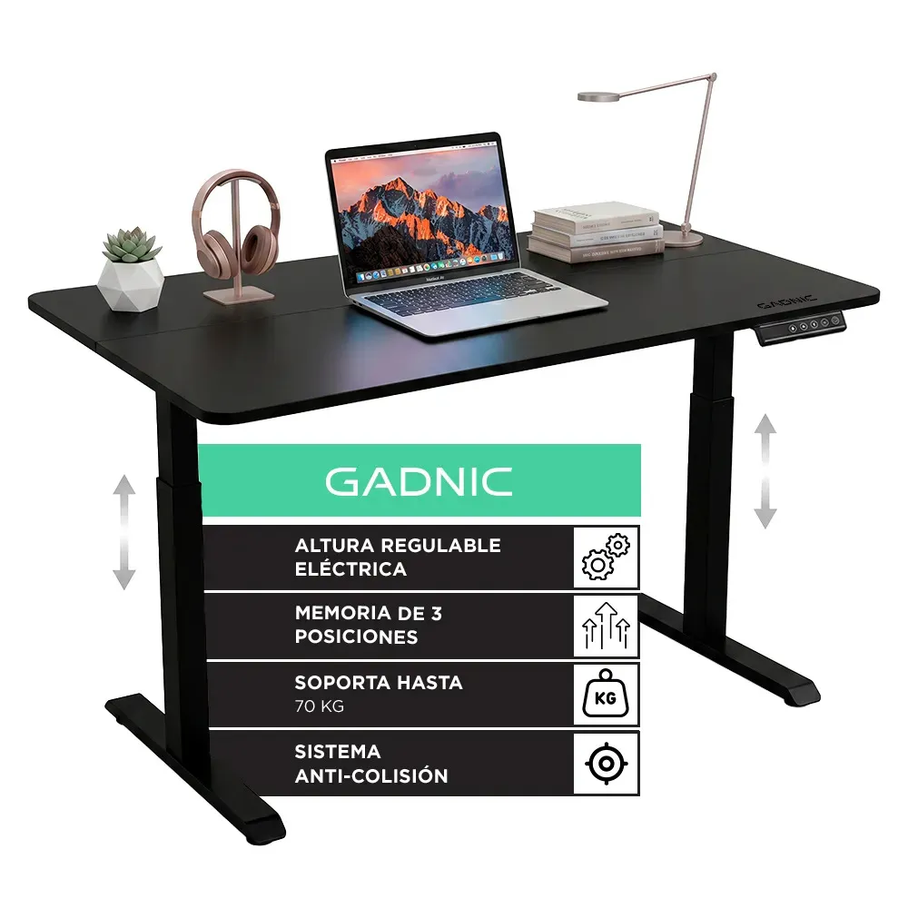 Escritorio Regulable Eléctrico Gadnic 120x60 Elevable Con Memoria Inteligente 3 Posiciones Tipo Standing Desk Negro