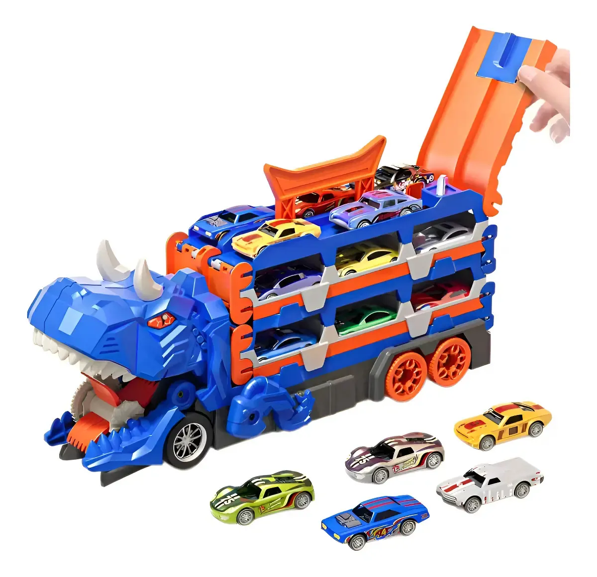 Pista Carrinho Dinossauro Caminhão Lançador 6 Carrinhos Cor Azul — imagem 2