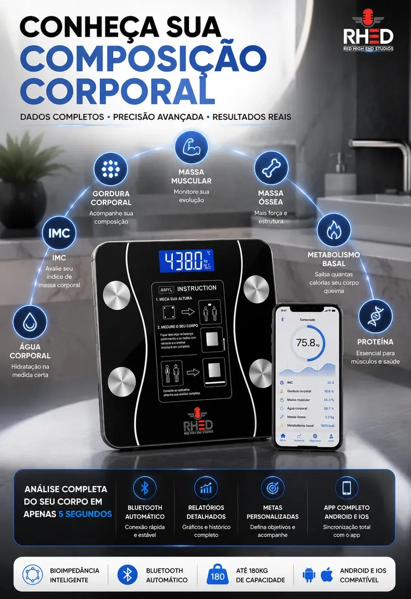Balança Digital Bioimpedância Profissional smart imc 180kg Bluetooth Corporal Aparelho Alta Capacidade aplicativo App para Android e para IOS Balança De Banheiro Academia