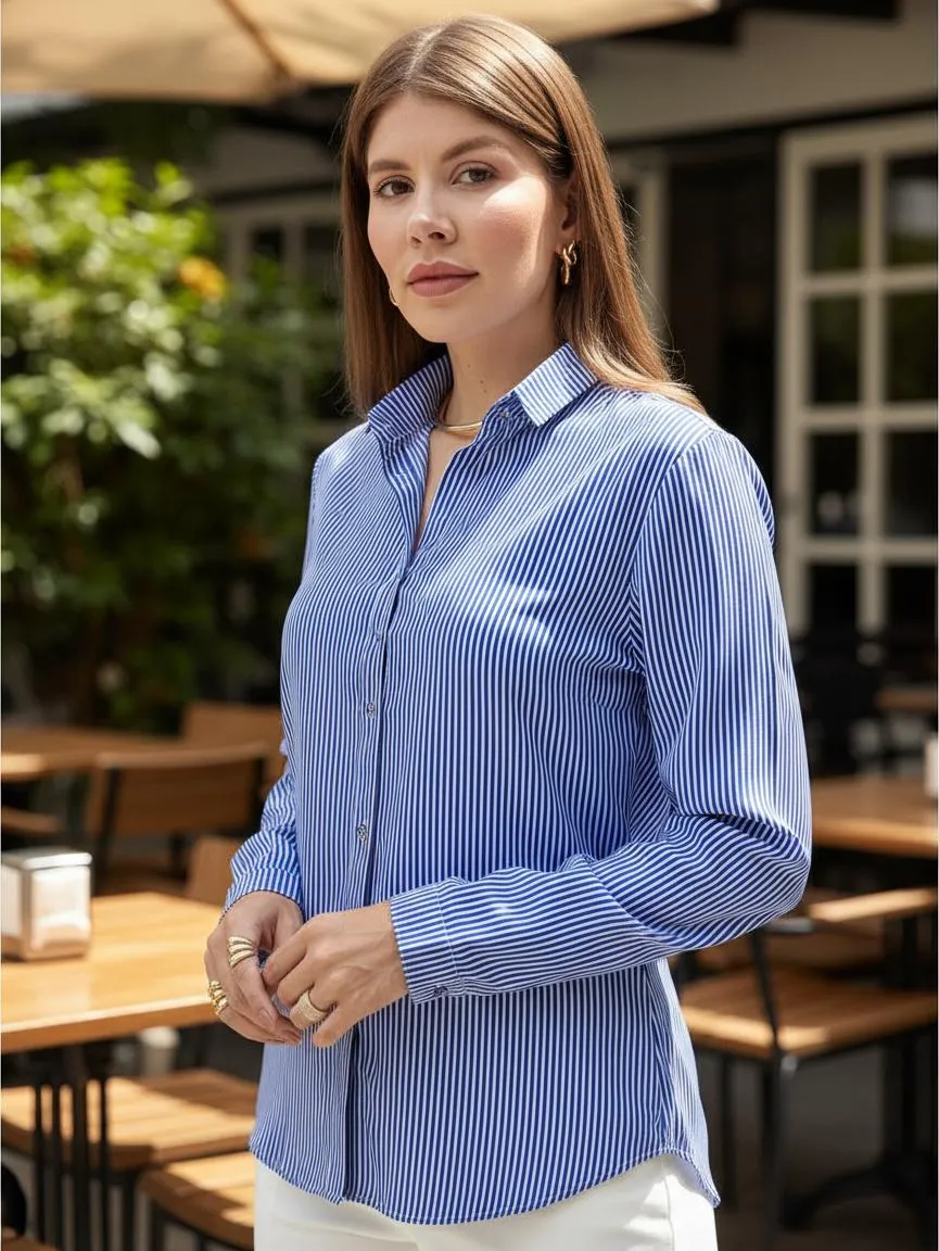 Camisa Social Feminina Listrada Manga Longa Tendência