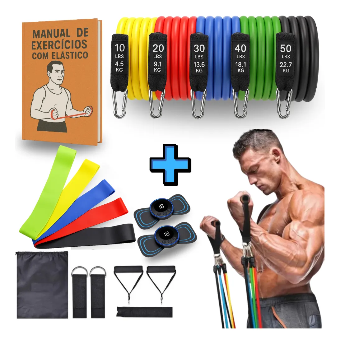 Kit 19 Itens Treino em Casa Academia Fisioterapia Extensor Faixa Elástica, Massageador e Manual de Exercício