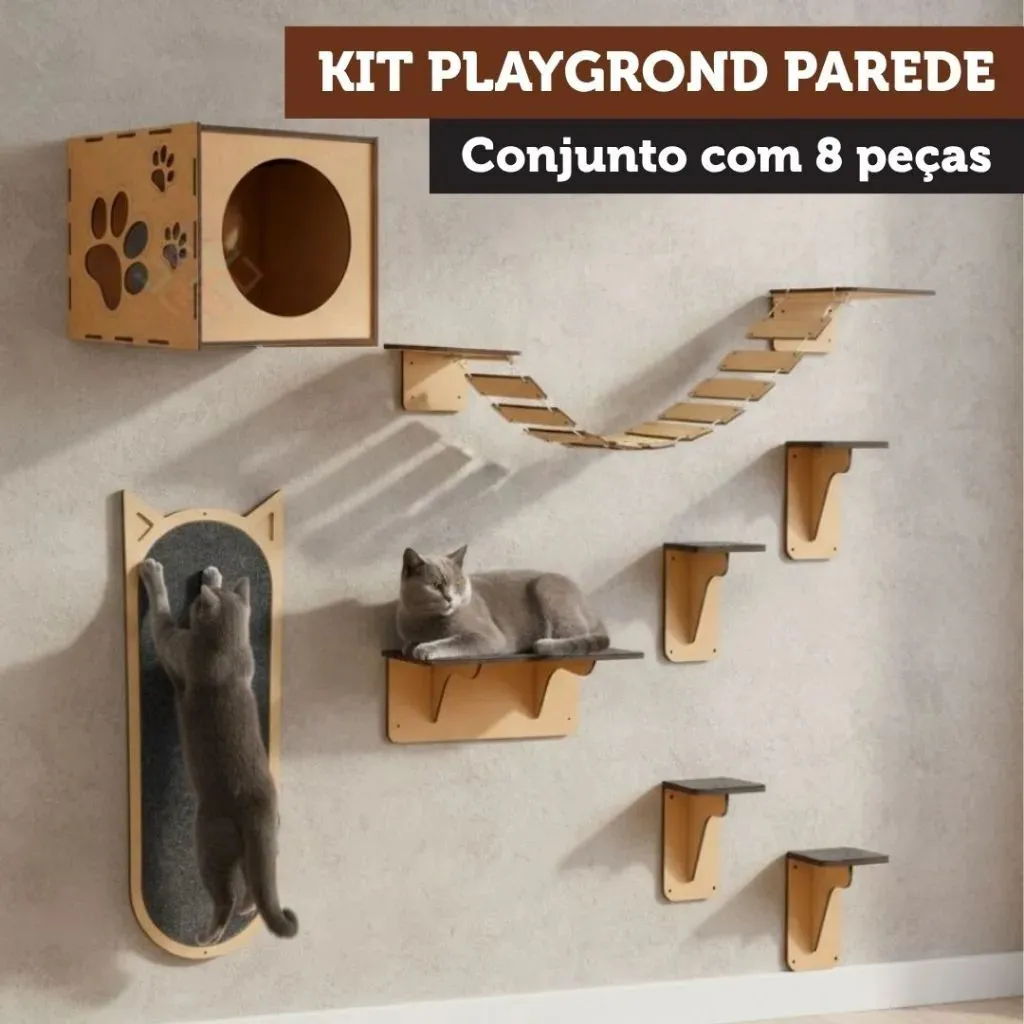 Kit Gato Parede Mdf 8 Peças Nicho Ponte Prateleira Degraus