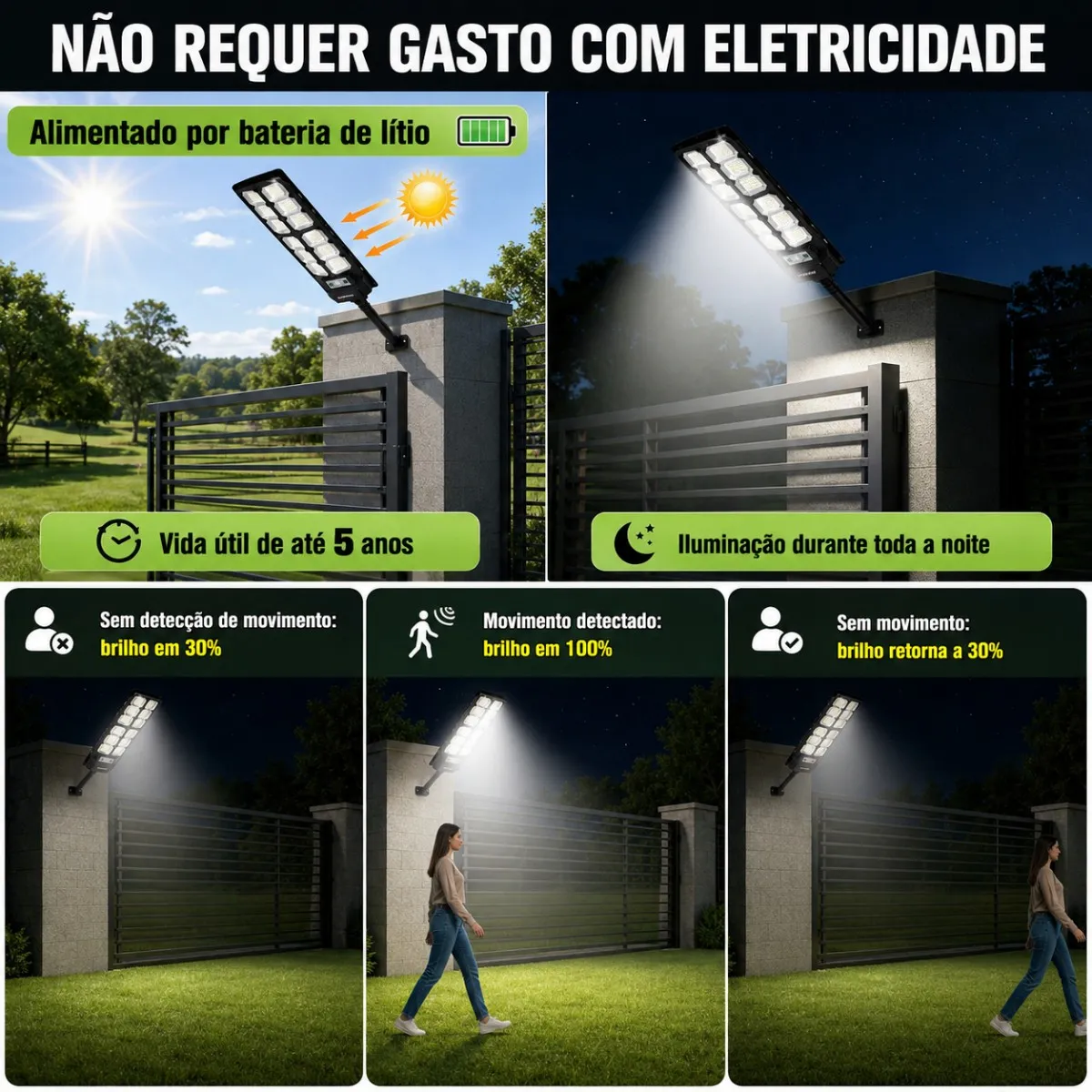 Kit 2 Luminária Solar Holofote 800w com Sensor e Bateria Preto e Branco — foto 4