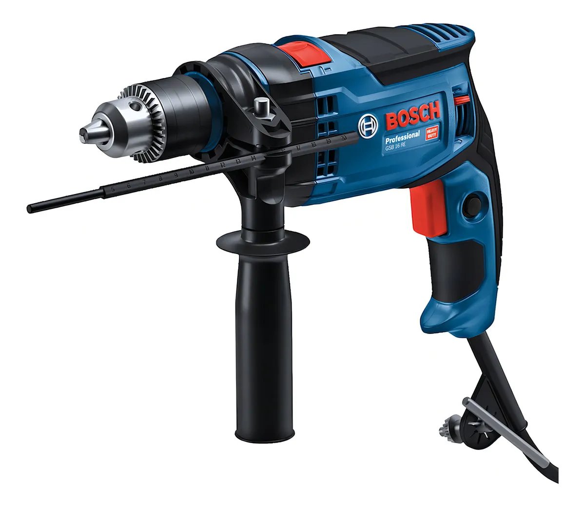 A furadeira Bosch GSB 16 RE em destaque, com sua cor azul característica.
