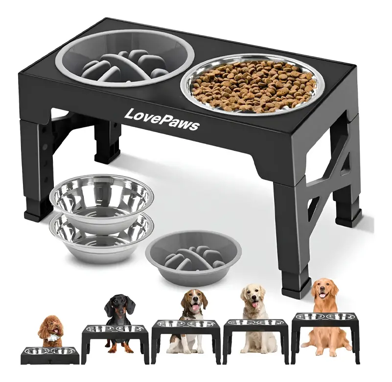 Lovepaws 3pcs Comedero Para Perro Comedero Elevado Perrocomedero Para Perros Con Platos De Acero Inoxidable Y Cuenco De Alimentación Lenta, Soporte Elevado Ajustable De 5 Alturas Para Platos Con Pa
