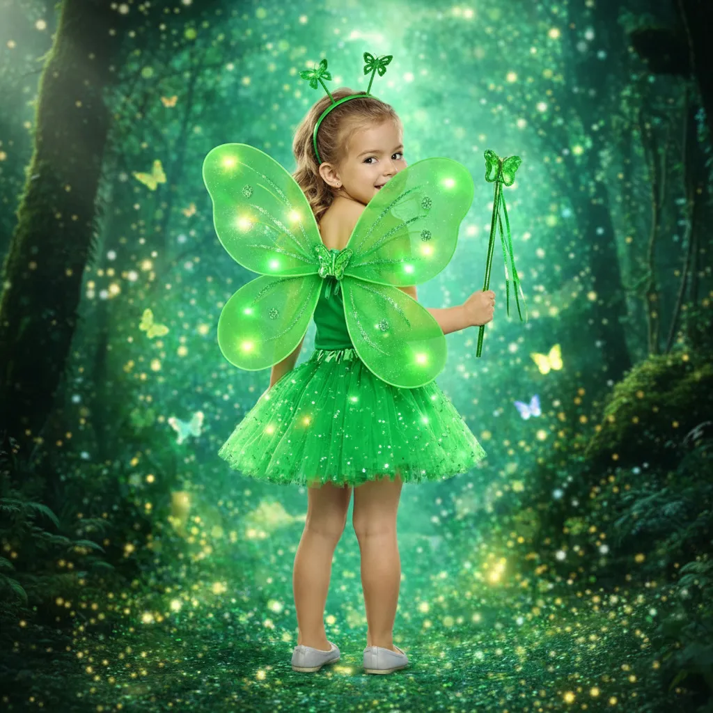 Fantasia Fada Borboleta Asas E Saia C/ Led + Tiara + Varinha Verde Único - Imagem 4
