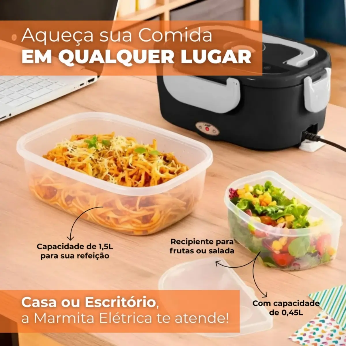 Marmita aberta com alimento quente e utensílios