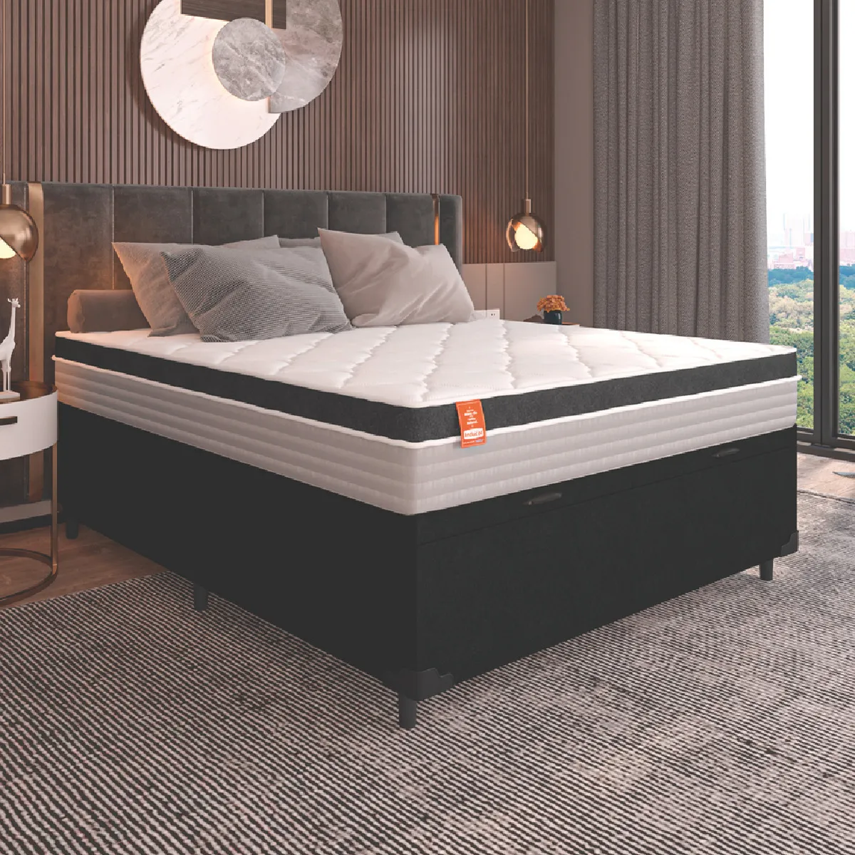 Cama Box Baú Casal Colchão Molas Ensacadas Real 138x188x68cm Preto e Cinza Suporta até 130Kg por Pessoa